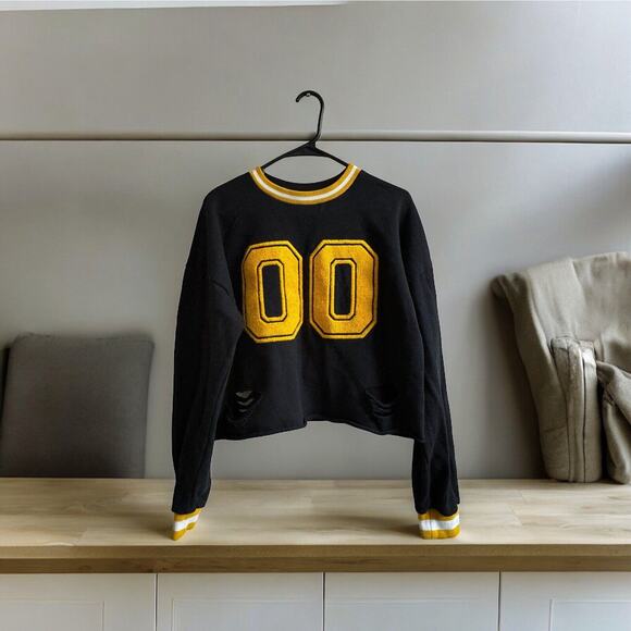Forever 21 BLUE YELLOW Distressed‎ Varsity PULLover SWEATSHIRT Women’s S/M - Picture 1 of 6